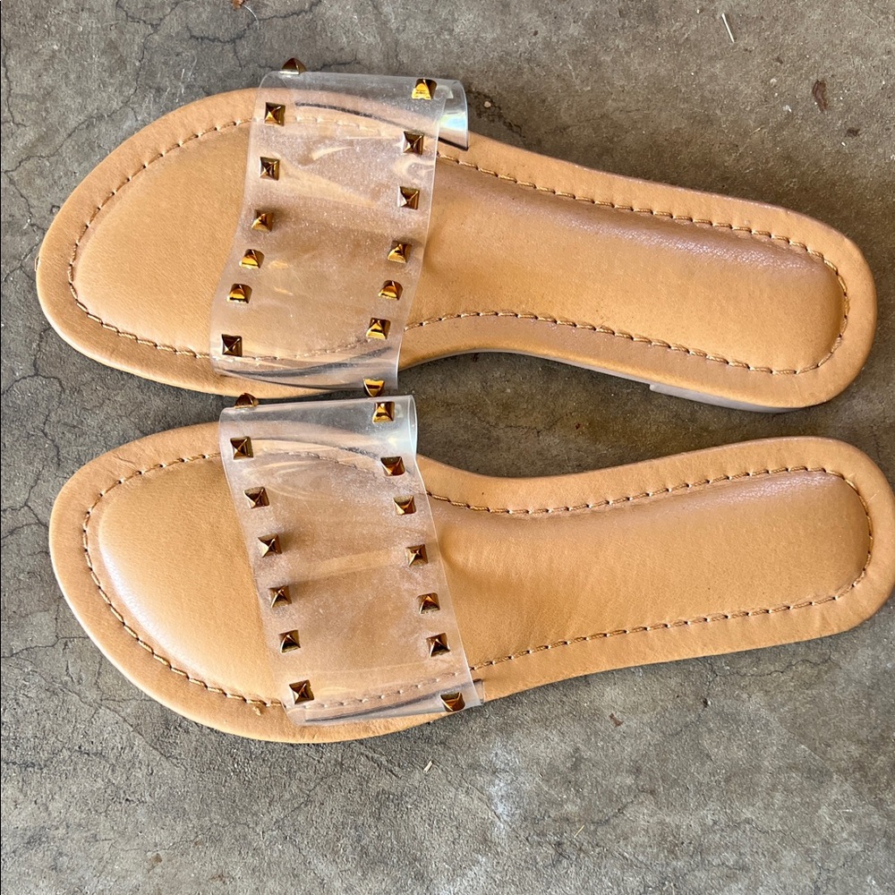 Studded Tan Slide Sandals